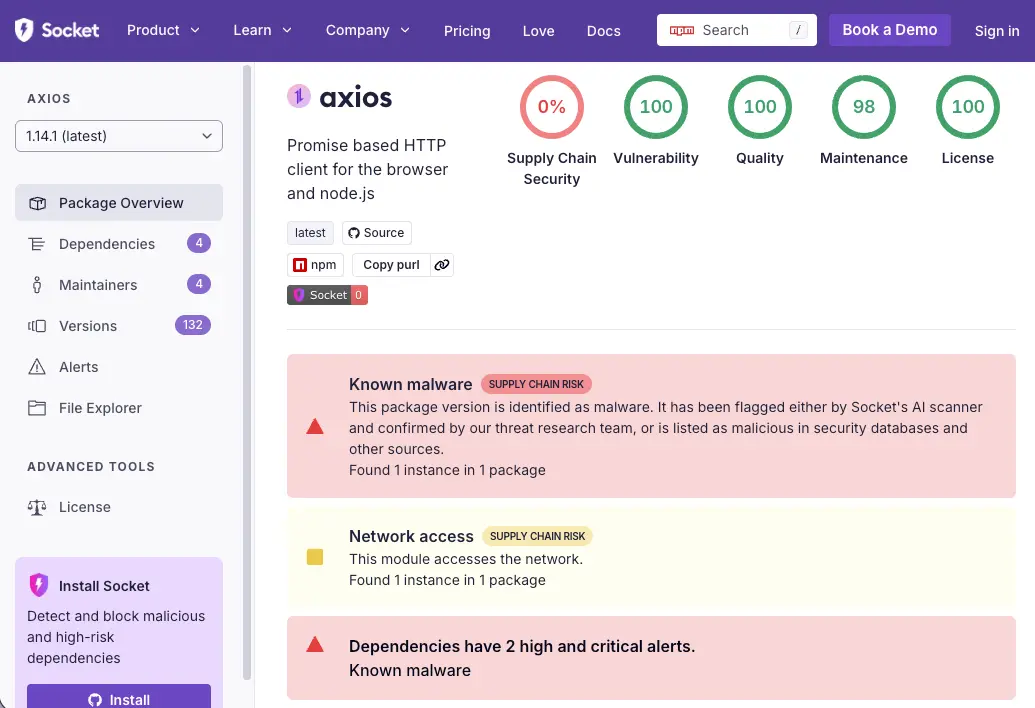 Axios supply chain issue screenshot